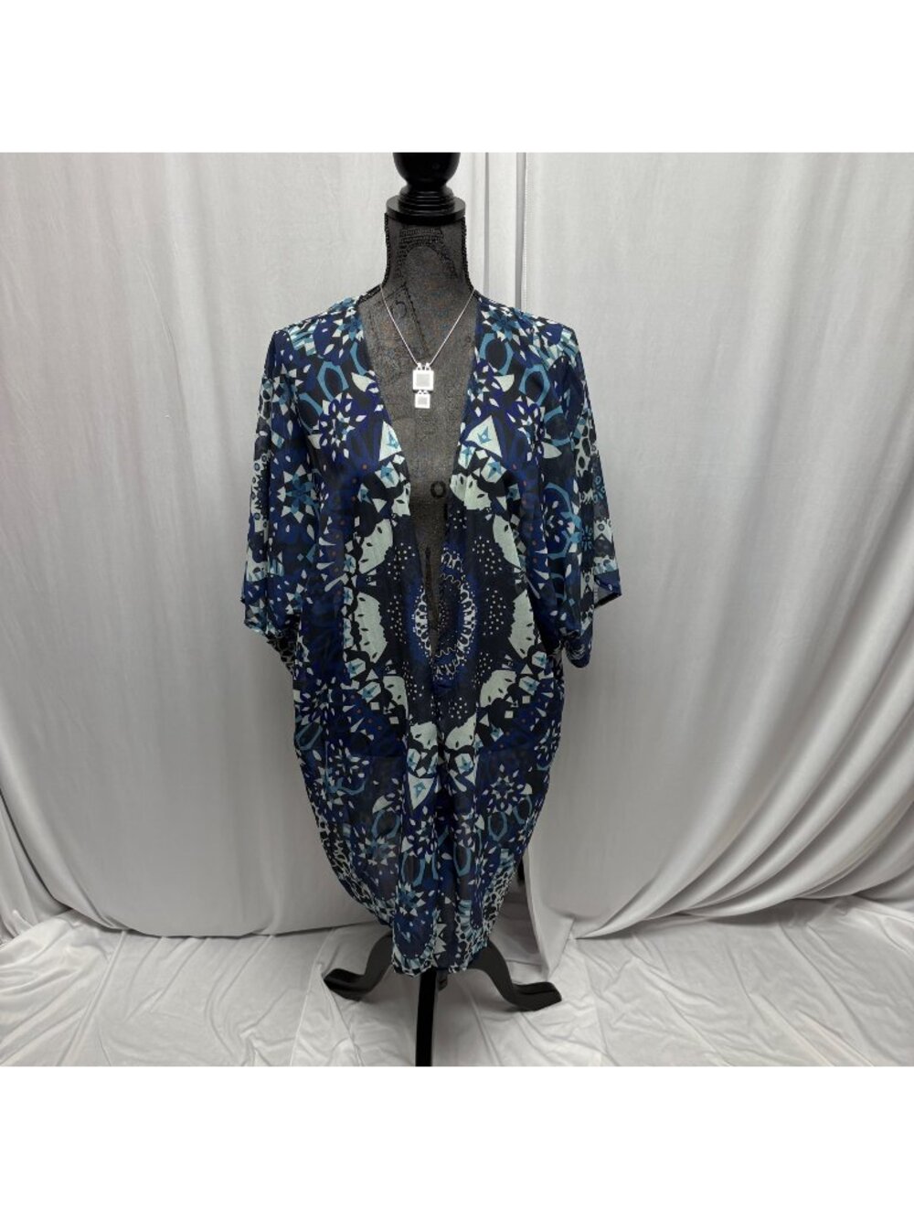 Blue White Mandala Print Sheer Open Front Kimono Cardigan One Size